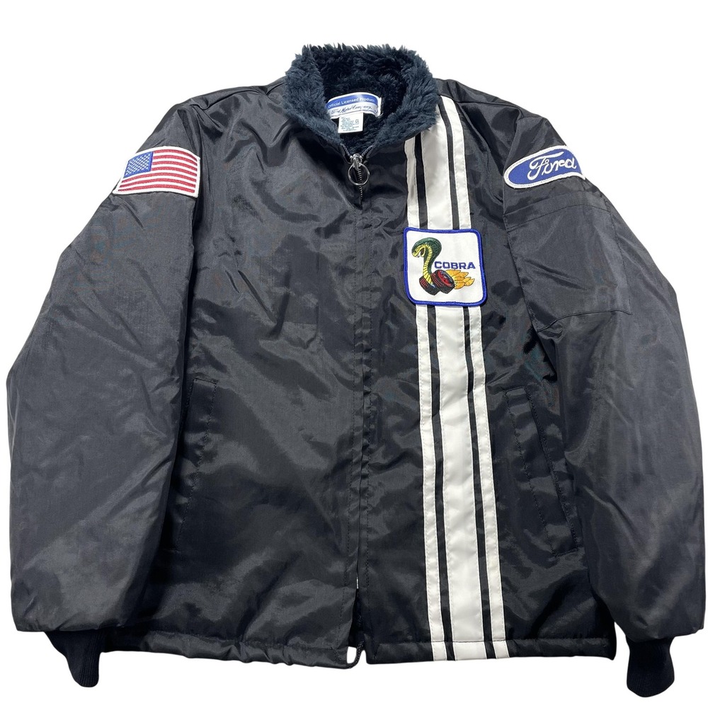 Vintage Ford Jacket Mens Small Black Cobra Racing Bomber Faux Fur Lined USA 70s
